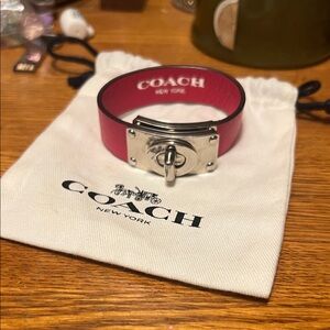 Coach Fuchsia Leather Bracelet with Silver Turnlock Clasp 7”